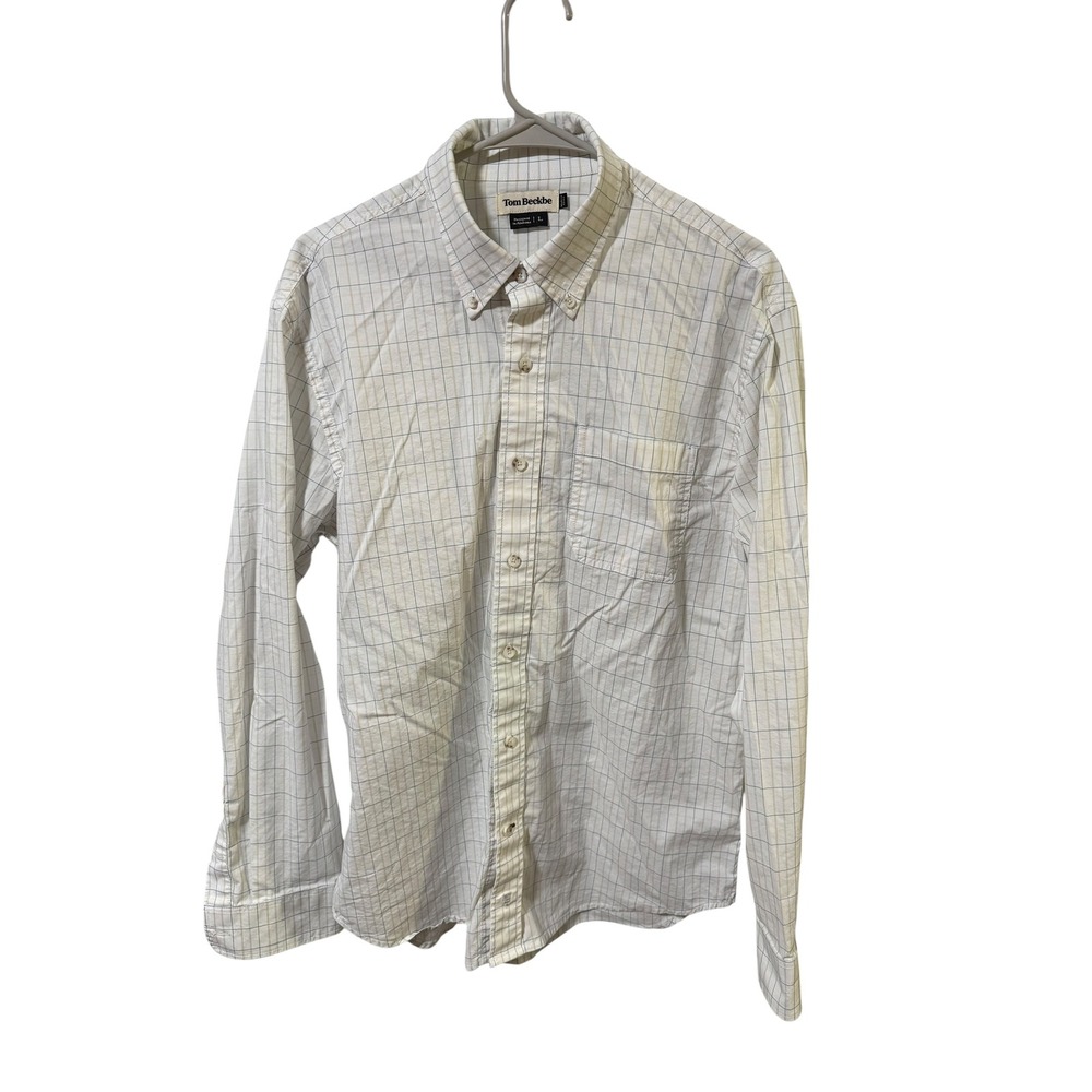 Tom Beckbe Size LargeWhite Blue Tan Windowpane Check Button Down Shirt